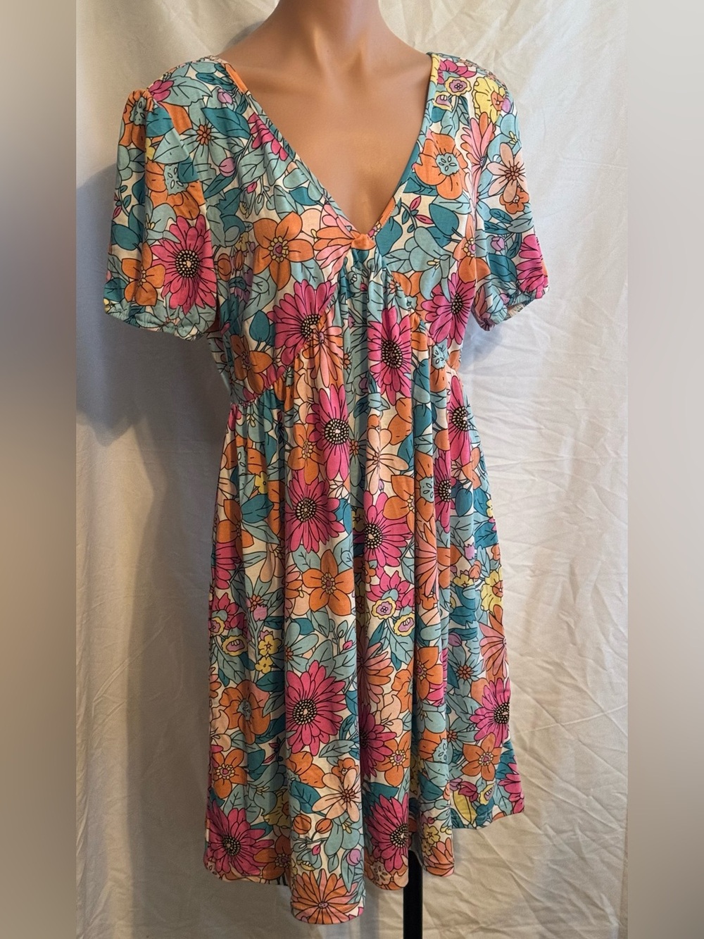 Bright Fun Floral V-Neck Short Sleeve Dress - Pink & Teal